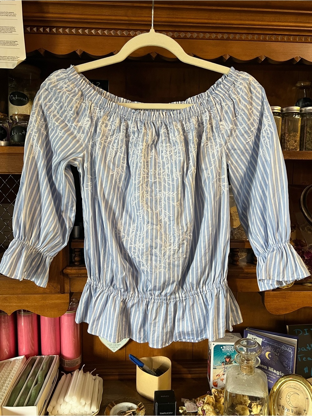 White House Black Market Light Blue & White Striped Off-Shoulder Blouse Small